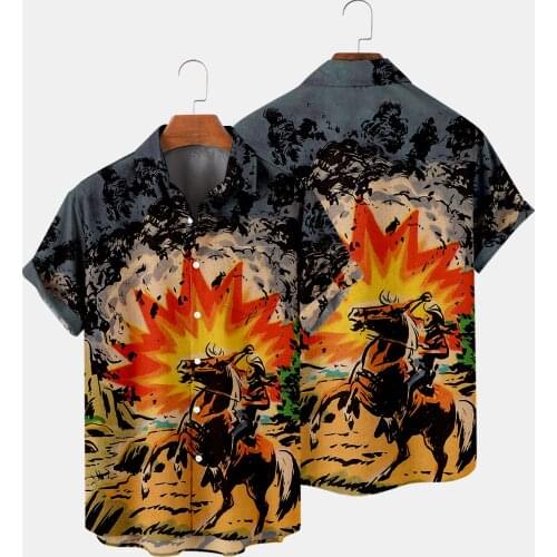 Men Summer Loose Casual Hawaii Holiday Beach Shirt Tops Button Blouse Fashion Cowboy Oil Painting Short Sleeve Shirts Streetwear
