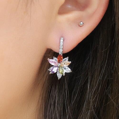 Huitan Colorful CZ Flower Shape Drop Earrings for Women Brilliant Cubic Zirconia Bridal Wedding Party Accessories Trendy Jewelry