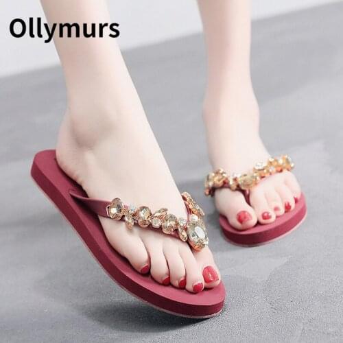 Colored Glass Rhinestone Slippers Women Summer Sandals Flat Bottomed Sequin Clip Toe Beach Shoes Slides for Women Home Shoes