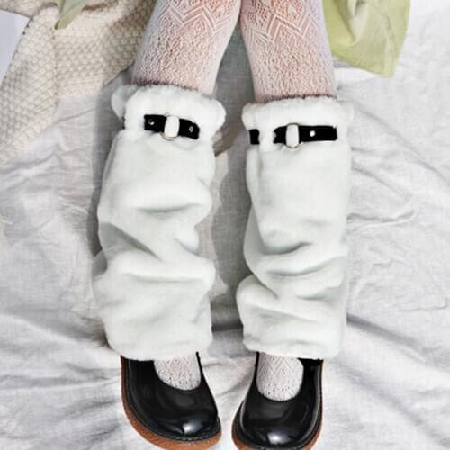 Black White Leopard Lovely Women Leg Warmer 2021 Autumn Winter Lady Soft Mid-calf Thick Villus Lolita Sock Adjustable Pu Strap