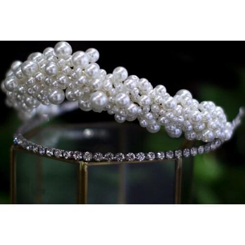 Super Korean full Pearl Crown Bridal Princess tiara baroque headband Hair Accessories Wedding Birthday Jewelry