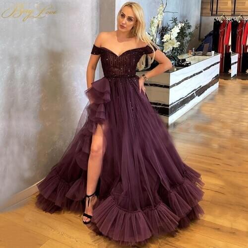 Purple Prom Dress 2020 Off Shoulder Evening Party Dress Bead Top Gown robe de soiree V Neck Formal Gown Gir Dress Tiered Hem New
