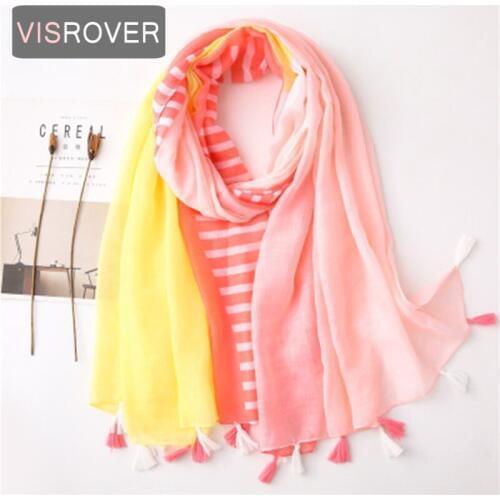 VISROVER 2020 strip printing viscose spring summer scarf with tassel Fashion beach Wraps Spring Shawls Hijab gift wholesales