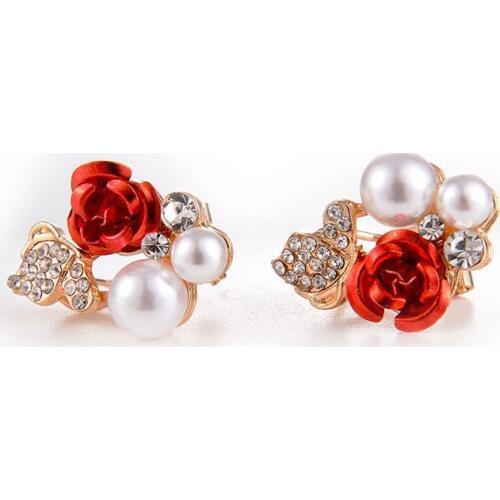 Foreign Trade Creative New Red Flower Exquisite Pearl Stud Earrings Gold Color Crystal Trendy Statement Earrings for Women