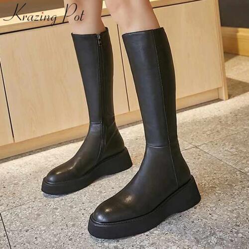 Krazing pot simple style solid brand basic cow leather boots round toe side zipper winter keep warm women thigh high boots L11