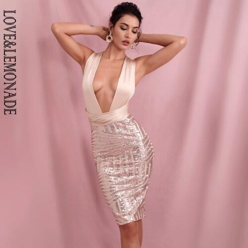 LOVE&LEMONADE Sexy Rose Gold Deep V-Neck Bodycon Changeable Straps Geometric Sequins Mini Dress LM81119
