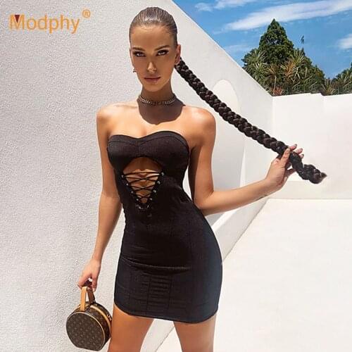 Free Shipping Sexy Black Women Bandage Dress Strapless Hollow Tie Bodycon Mini Dress Club Evening Party Vestidos 2021 Summer New