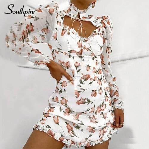 Southpire Womens White Flower Print Mini Dress Lace Up Sexy V-Neck Chiffon Dress Spring Summer Elegant Daily Clothes Ladies