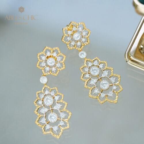 18K Gold Two Tone Elegant Filigree Chandeliers Earrings 925 Silver White Diamond CZ Renaissance Dangling Earring C11E4S25376