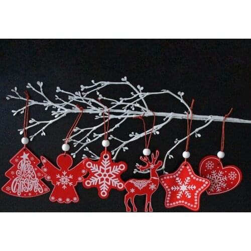 6PCS Wooden Christmas Tree Snowflake with Rope Pendant Red Christmas Ornament Wood Chips DIY Home Party Decorations Pendant