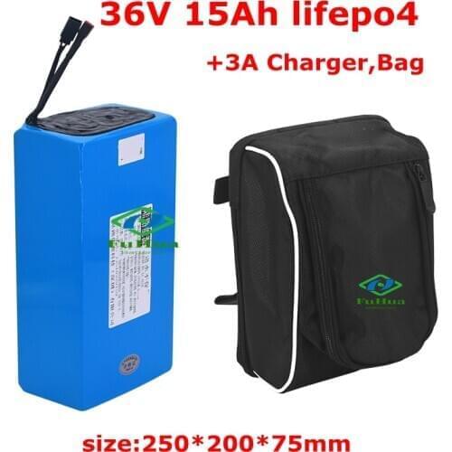 Lifepo4 Battery 36v 15Ah lithium battery BMS 18650 540Wh for 900W 720W Electric Mountain bike tricycle + +3A Charger +bag