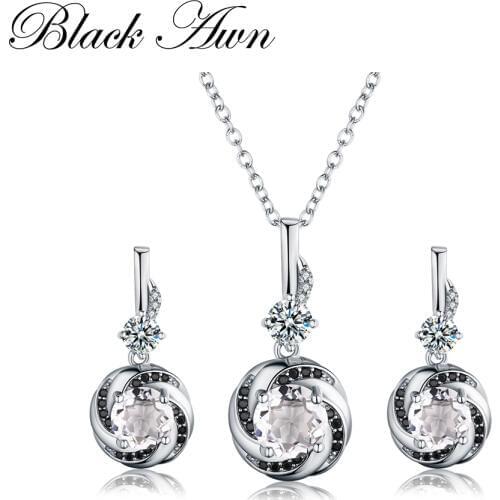 [BLACK AWN] 925 Sterling Silver Jewelry Sets Trendy Topaz Engagement Wedding Flower Necklaces & Stud Earrings for Women PT159