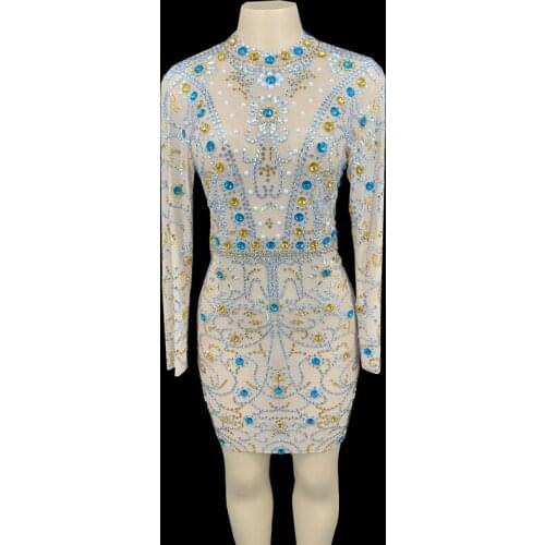 Sparkly Rhinestone Short Dresses Long Sleeve Women Birthday Evening Prom Party Dresses Sexy Bodycon Transparent Bar Dance Outfit