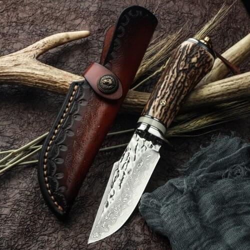 Sharp Tactical Knife High Hardness Damascus Steel + Natural Antler Handle Traight Nife Camping Survival Knives Outdoor EDC Tool