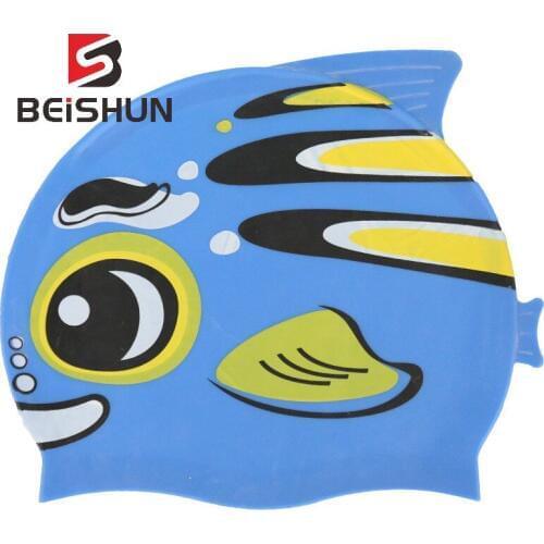 Childrens Cartoon Swimming Cap Silicone Cap Waterproof Earmuffs Cute Animal Fish-shaped Training Silicone Cap