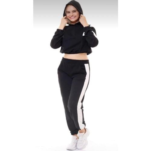 Womens Black and White Stylish Casual Casual Elastic Detail Tracksuit Suit