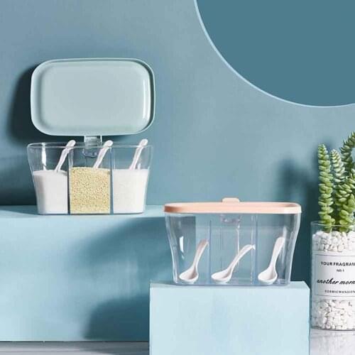 3-Grid Kitchen Transparent Salt Sugar Spice Seasoning Storage Box Container Kitchen Transparent Salt