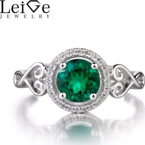 Leige Jewelry Lab Emerald 925 Sterling Silver Ring Round Cut Gemstone May Birthstone Promise Engagement Rings for Women