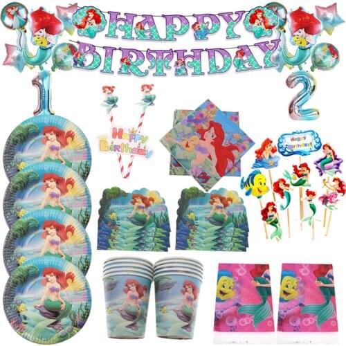 Little Mermaid Ariel Theme Girl Kids Birthday Party Decoration Plate Napkins Banner Disposable Tableware Baby Shower Supply