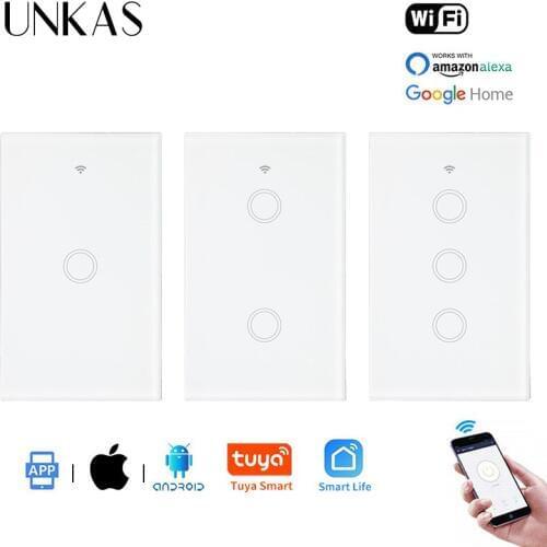 UNKAS US Standard Tuya APP 1/2/3 Gang WIFI Touch Switch Smart Home Glass Panel Google Home Null and Fire Line Wall Switch