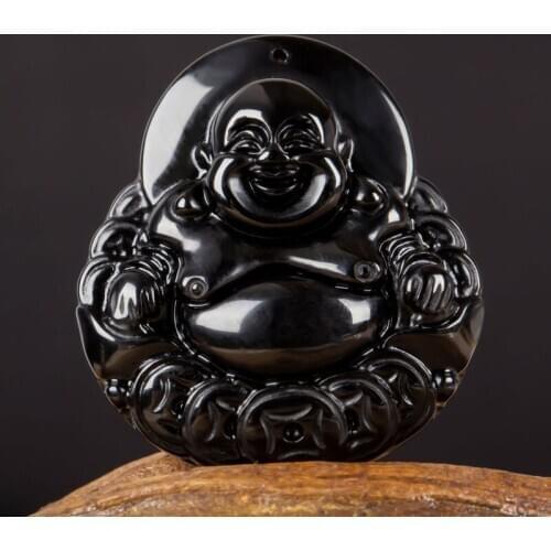Real Chinese Handwork Natural Black Obsidian Carved Buddha God of Fortune Amulet Lucky Pendant Necklace Fashion Jewelry