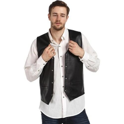 Genuine Black Male Leather Vest-Lambskin-elişçiliği-genuine leather free shipping from turkey