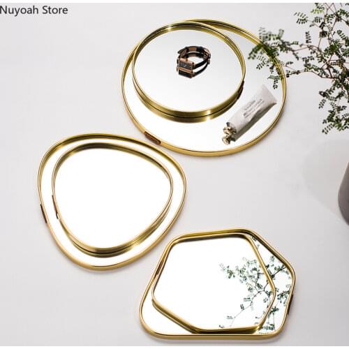 Nordic Light Luxury Golden Mirror Tray Home Decoration Desktop Storage Tray Multilateral Geometric Tray Living Room Accessories