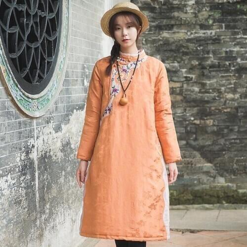 Autumn winter medium length Cotton hemp pan buckle clip cotton clothes womens Chinese vintage ethnic thickened cotton padded