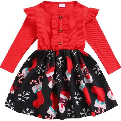Ma&Baby 18M-6Y Christmas Toddler Kid Girls Dress Santa Print Long Sleeve Knitted Dresses For Girls Xmas New Year Costume