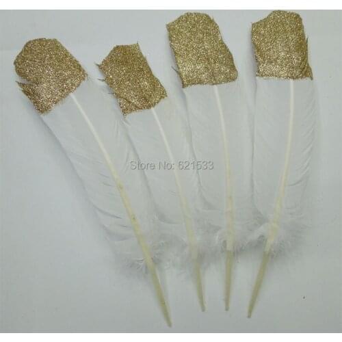 Gold dipped white turkey quill feathers with Glitter,Gold Tip feathers,painted long white real turkey feather millinery wedding