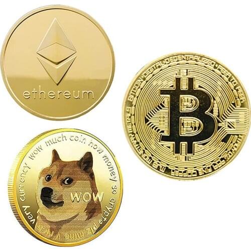 3Pcs Gold Plated Bitcoin Dogecoin Ethereum Coin Collectible Art Collection Gift Commemorative Bit BTC ETH Doge Currency Coins