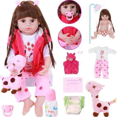 Lifelike 22" Reborn Baby Doll Adorable 56cm Toddler Newborn Baby Dolls With Pretty Braid Hair Boneca Giraffe Doll Toy For Kids