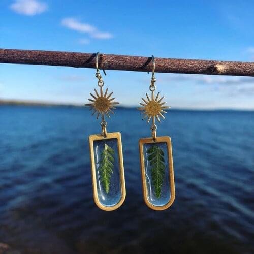 Baby fern earrings , dangle drops, boho, chic, botanical, florals, geometric, brass, resin, pressed flower, preserved
