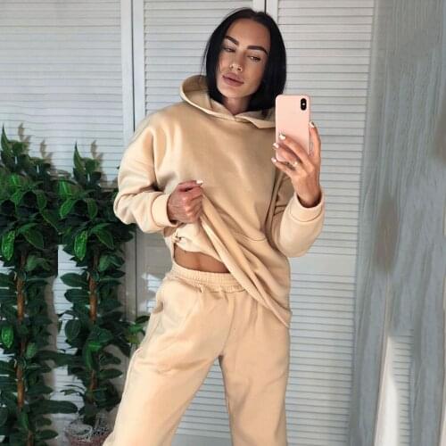 Sports Solid Fashion Casual Daily Oversized Loose Woman Two Piece Set Hooded Long Sleeve Pullover Elastic High Waist Pant
