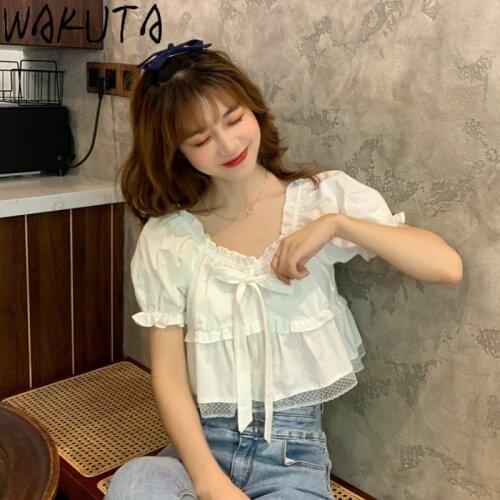 WAKUTA White Short Blouses Summer 2021 Sweet Bow Patchwork Crop Tops Female Korean Girls Daily Mesh Puff Short Sleeve Blousas