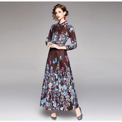 2021 Autumn winter fashion Elegant women Long Sleeve turn down collar Flower Print maxi dress Vestidos