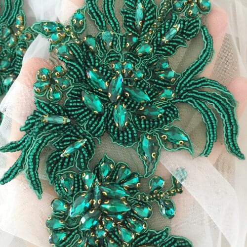 1 Pair Green Silver Rhinestone Crystal Beaded Sew On Bridal Applique for Wedding Sash Belt Gown Straps 11 x 31 cm