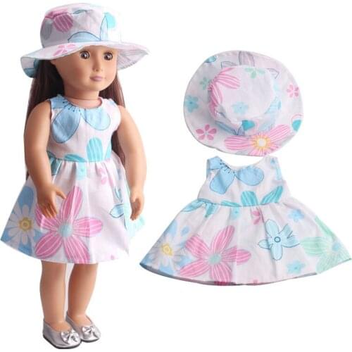 18 Inch American Doll Girls Summer Print Blue Dress + Hat Newborn Baby Toys Accessories Fit 40-43 Cm Boy Dolls Gift c216