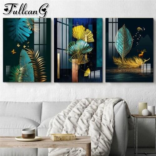 FULLCANG 5d diy diamond embroidery green golden leaves painting triptych full square round drill wall decoration FC3572