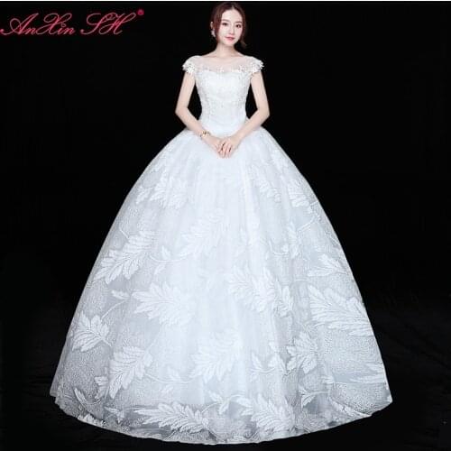 AXJFU princess leaf pattern lace white wedding dress vintage o neck illusion dubai party ball gown white flower wedding dress