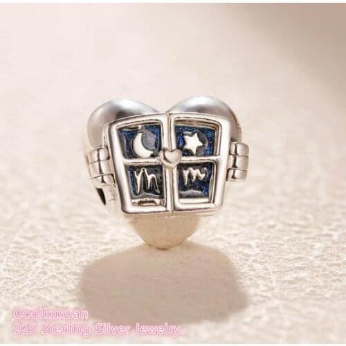 Mothers Day 100% 925 Sterling Silver Window Heart Charm Blue Enamel beads Fits Original Pandora bracelets Jewelry Making