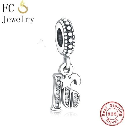 FC Jewelry Fit Original Brand Charm Bracelet 925 Silver Number 16 Star Crystal Bead For Making Women Birthday Berloque DIY