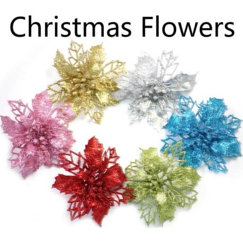 Artificial Flowers Christmas Fake Flowers Glitter Merry Christmas Tree Ornaments Xmas Decorations For Home New Year Wholesale