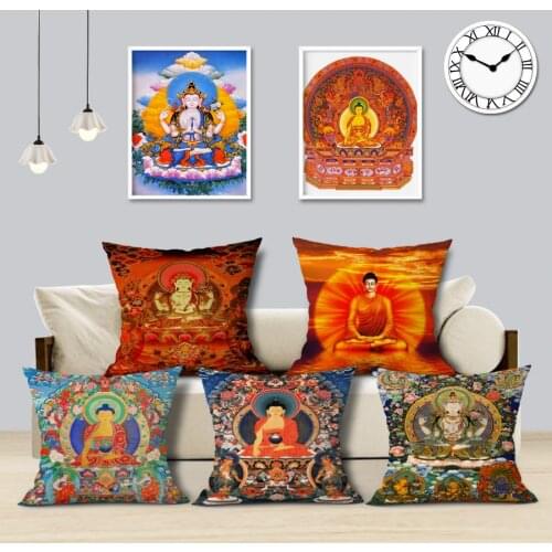 Chinese Indian Buddha Cushion Cover Religious Shakyamuni Four-armed Guanyin Decorative Linen Pillowcase For Sofa Home Decor