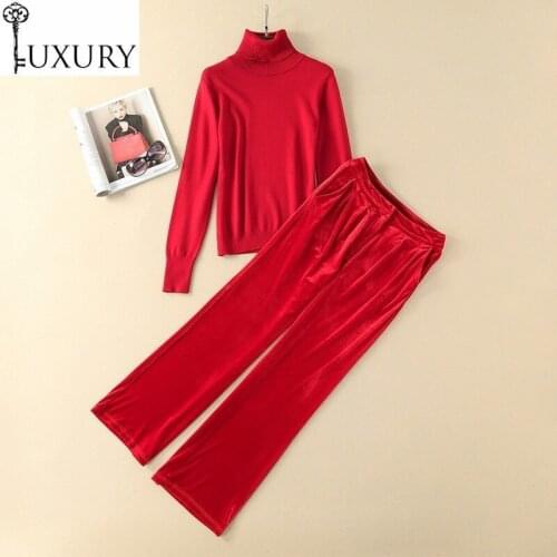 Winter Clothing Women Autumn Turntleneck Knitted Sweaters+Full Length Red Velour Pants Suits Casual Set Tracksuits 2pc