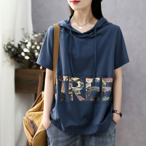 Summer New Hooded T-shirt Womens Short-Sleeved Loose Ins Fashionable Letter Printed Casual Slimming Thin Top
