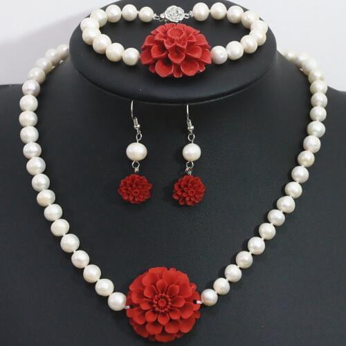 Natural freshwater white pearl beads 8-9mm special necklace bracelet earrings set cinnabar flower pendant jewelry 18inch B1421
