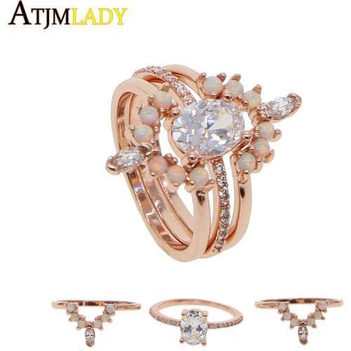 New Stone set rings 3pc ring set for lady wedding gift delicate rose gold opal Cubic zirconia crystal tiny ting promotion