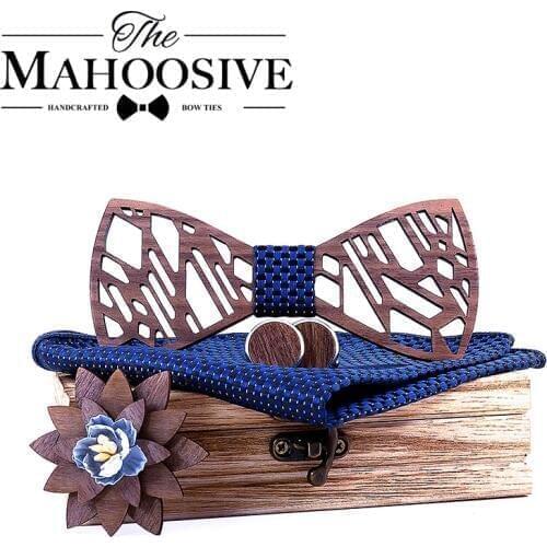 Original Wood design mens bow tie blue spotted necktie bowtie artificial leather bow tie brooch wooden box wedding party gift