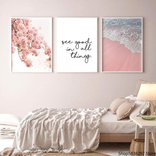 Scandinavian Style Poster Sea Beach Decorative Picture Pink Flower Wall Art Picture for Living Room Nordic Decoration Home Decor